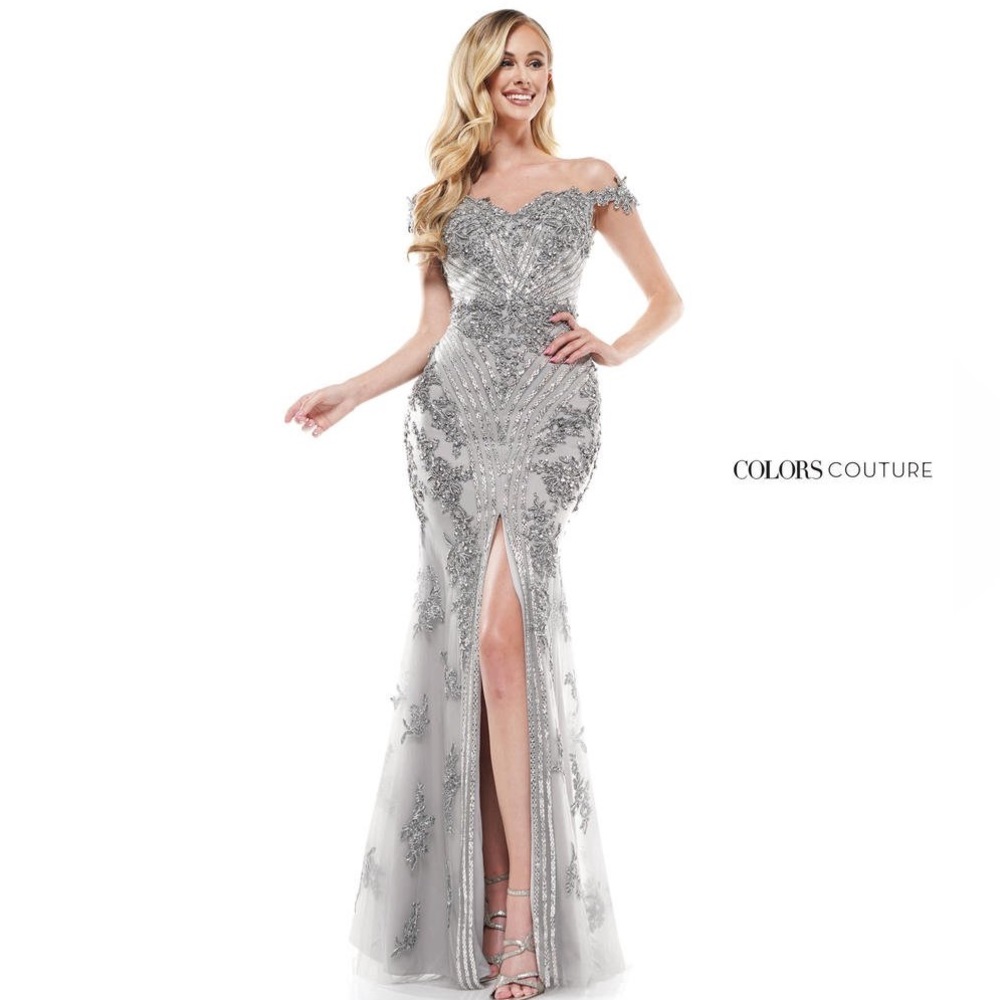 COLORS COUTURE DRESS STYLE J131 - EMBELLISHED TRUMPET EVENING GOWN WITH SLIT